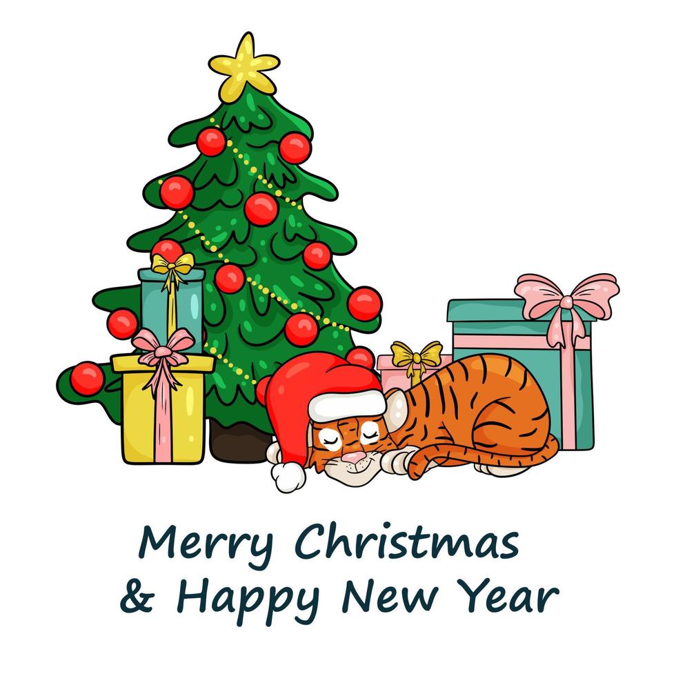 vrolijk kerstfeest en nieuwjaarswenskaart. tijger in rode kerstmuts slaapt onder kerstboom met geschenken. vector illustratie cartoon stijl