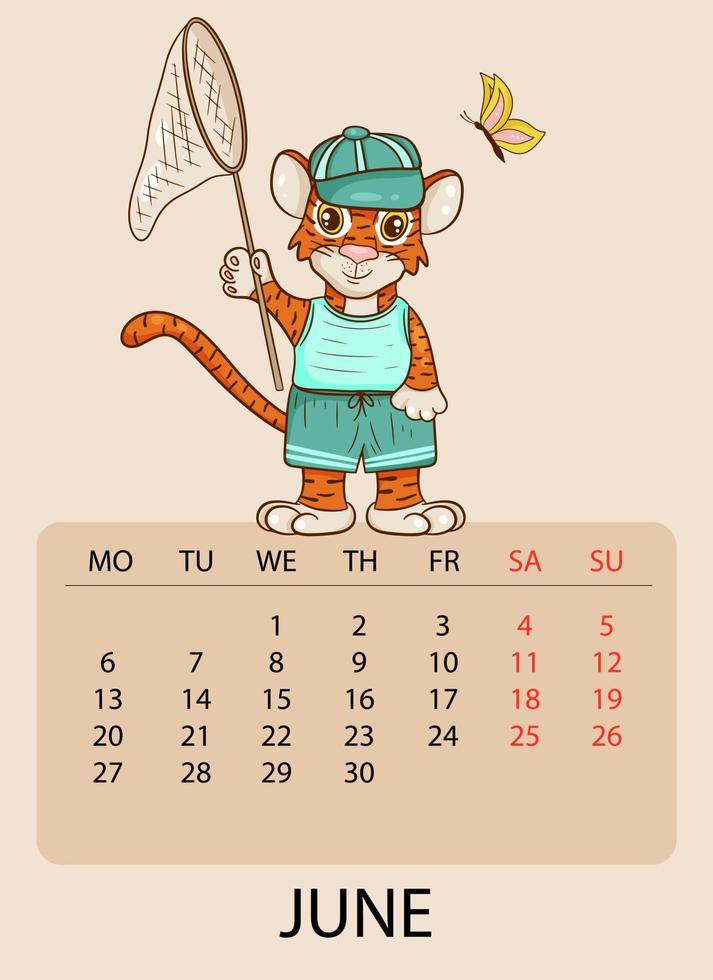 kalenderontwerpsjabloon voor juni 2022, het jaar van de tijger volgens de chinese of oosterse kalender, met een afbeelding van een tijger met vlinders. tafel met kalender voor juni 2022. vector