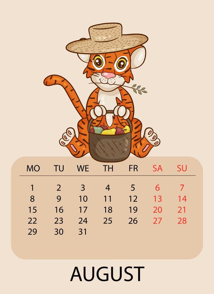 kalenderontwerpsjabloon voor augustus 2022, het jaar van de tijger volgens de chinese kalender, met een illustratie van een tijger met een mand met appels en peren. tafel met kalender voor augustus 2022 vector