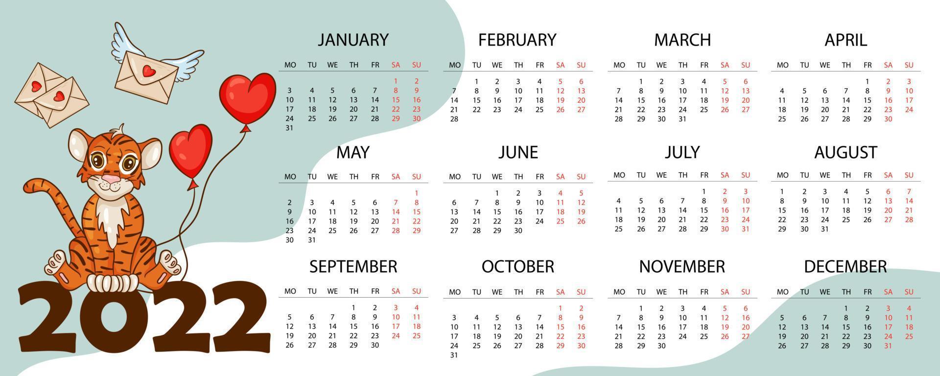 kalenderontwerpsjabloon voor 2022, het jaar van de tijger volgens de chinese of oosterse kalender, met een illustratie van de tijger. horizontale tafel met kalender voor 2022. vector