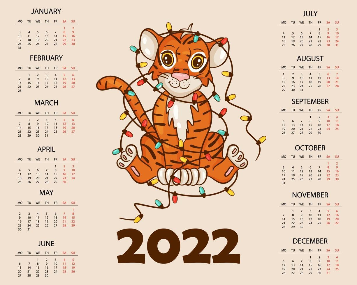 kalenderontwerpsjabloon voor 2022, het jaar van de tijger volgens de chinese of oosterse kalender, met een illustratie van de tijger. horizontale tafel met kalender voor 2022. vector