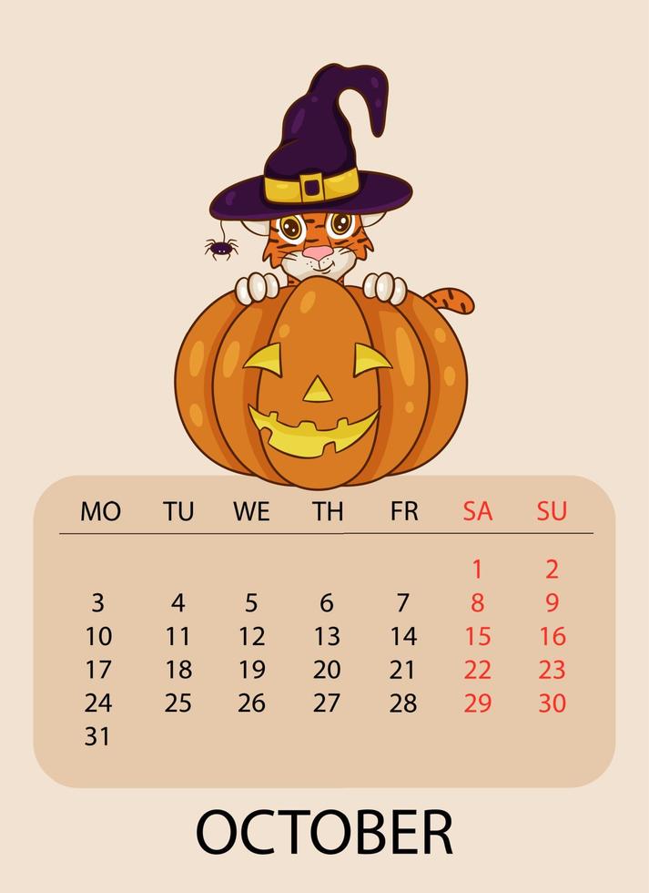 kalenderontwerpsjabloon voor oktober 2022, het jaar van de tijger volgens de chinese of oosterse kalender, met een afbeelding van een tijger met pompoen. tafel met kalender voor oktober 2022. vector