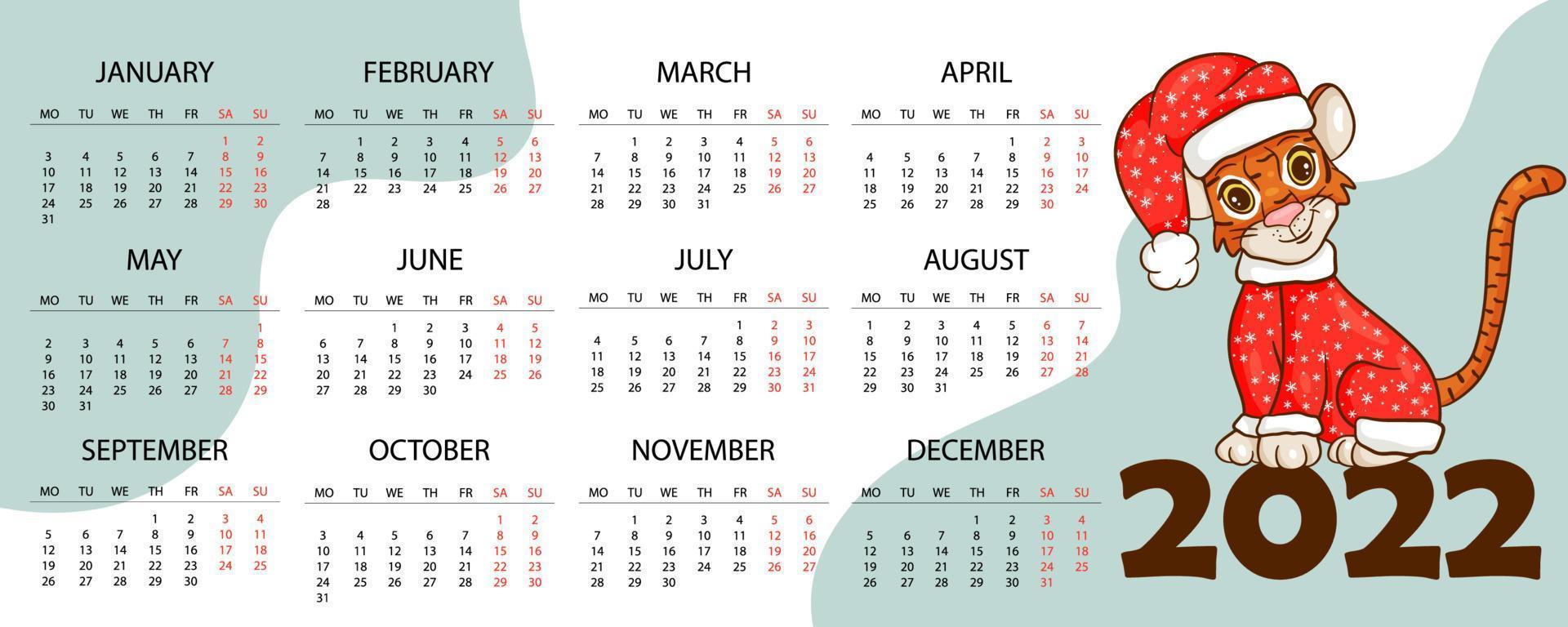 kalenderontwerpsjabloon voor 2022, het jaar van de tijger volgens de chinese of oosterse kalender, met een illustratie van de tijger. horizontale tafel met kalender voor 2022. vector