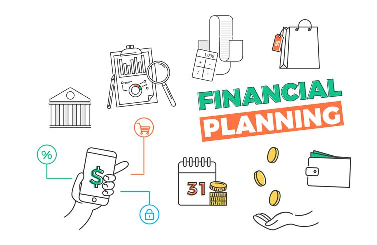 Financiële planning banner. App voor uw budget, bankieren, schulden. Vector lijn kunst illustratie