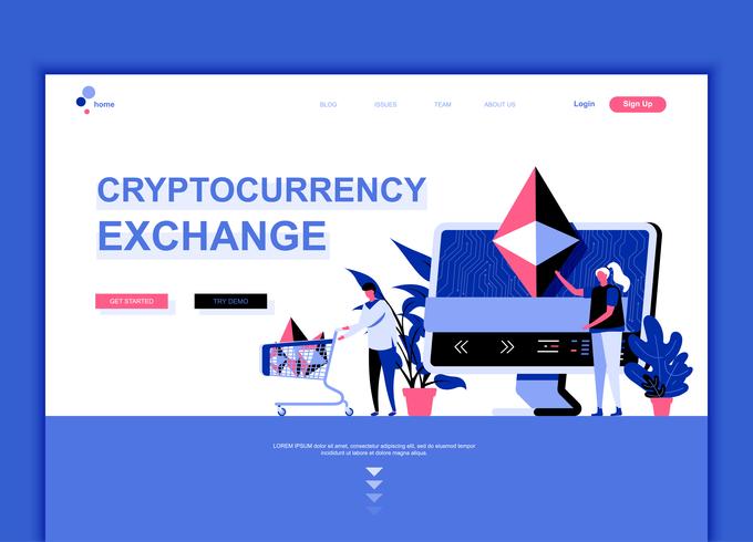 Moderne platte webpagina ontwerpsjabloon concept van Cryptocurrency Exchange ingericht mensen karakter voor website en mobiele website-ontwikkeling. Sjabloon voor platte landingspagina&#39;s. Vector illustratie.