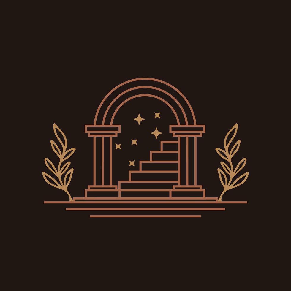 mysticus zon deuropening logo, antiek boog architectuur Ingang en trap icoon, met deur, venster en palm bomen in hedendaags esthetisch boho stijl vector