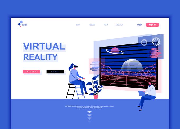 Moderne platte webpagina ontwerpsjabloon concept van Virtual Augmented Reality ingericht mensen karakter voor website en mobiele website-ontwikkeling. Sjabloon voor platte landingspagina&#39;s. Vector illustratie.