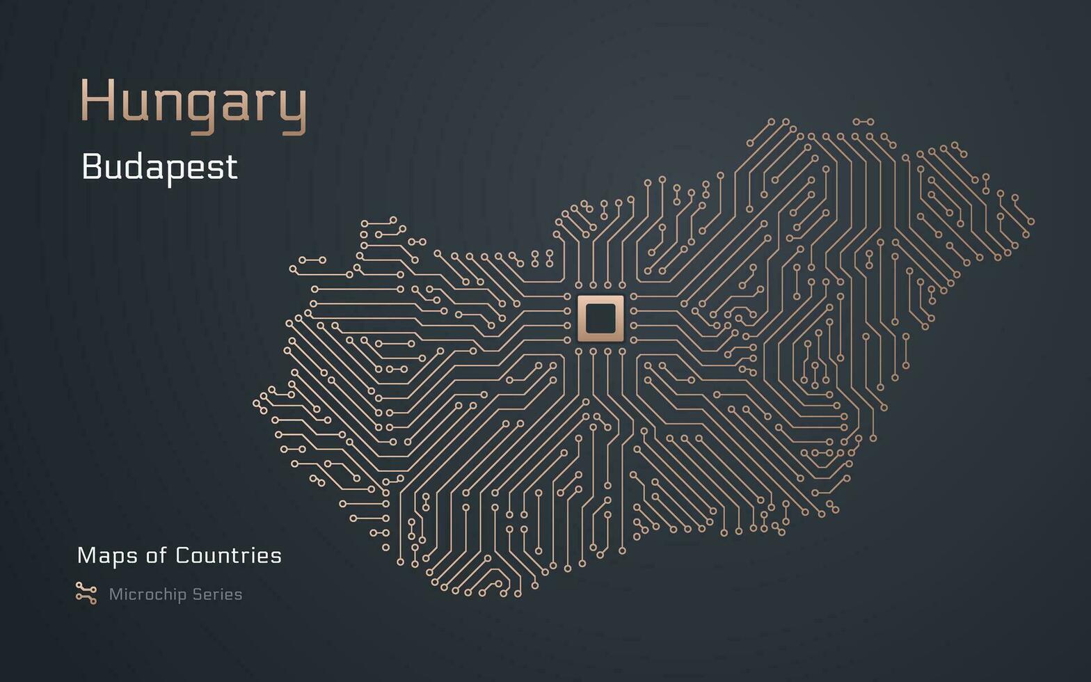 Hongarije kaart met een hoofdstad van Boedapest getoond in een microchip patroon met verwerker. e-overheid. wereld landen vector kaarten. microchip serie