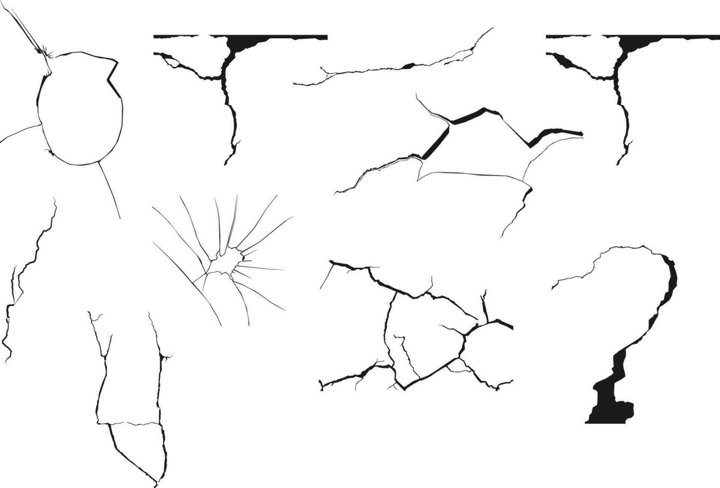 reeks van grond scheuren, gebroken venster, gebarsten glas, breken voorruit glas, beschadigd muur structuur silhouet vector