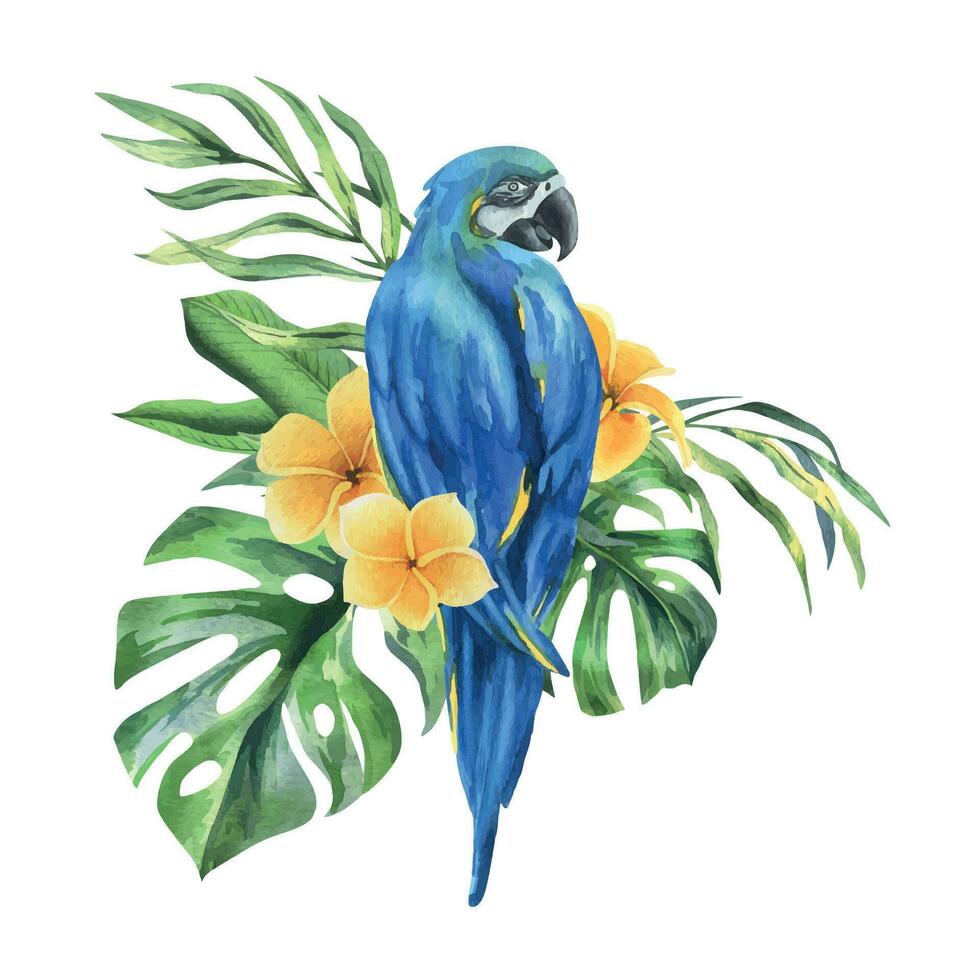 tropisch palm bladeren, monstera en bloemen van plumeria, helder sappig met blauw Geel ara papegaai. hand- getrokken waterverf botanisch illustratie. geïsoleerd samenstelling Aan een wit achtergrond vector eps