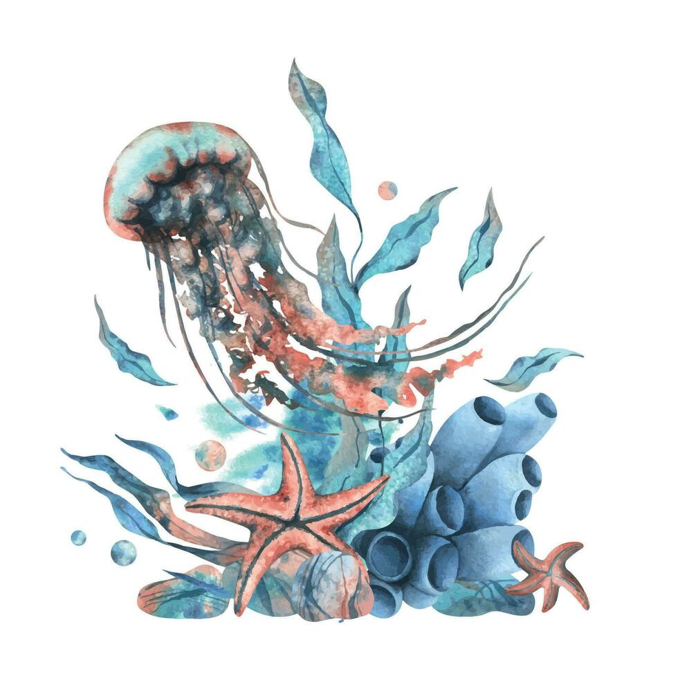 onderwater- wereld clip art met zee dieren kwallen, zeester, kiezels, bubbels, koraal, spons en algen. hand- getrokken waterverf illustratie. geïsoleerd samenstelling Aan een wit achtergrond vector eps
