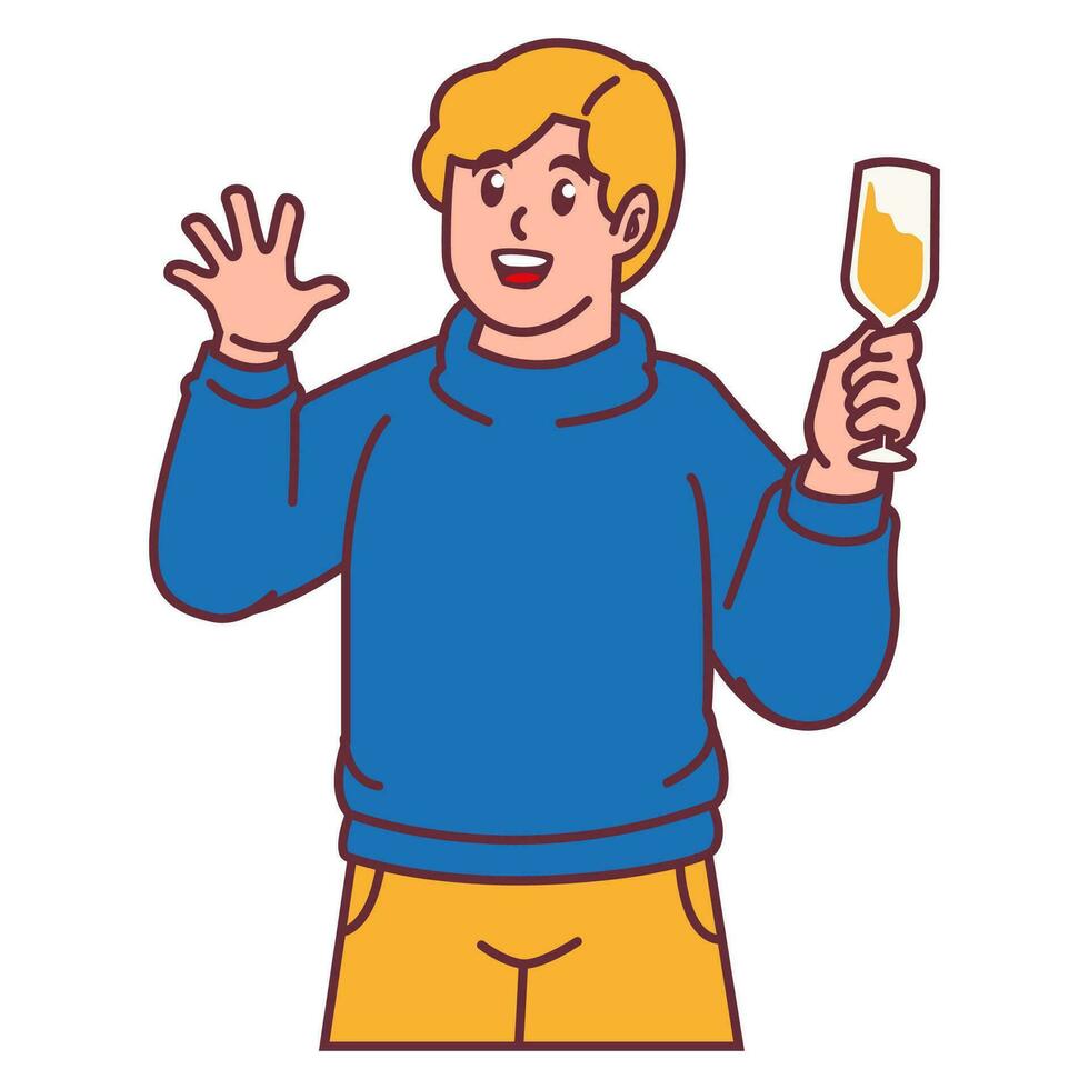 een Mens vieren partij en Holding glas van Champagne vector