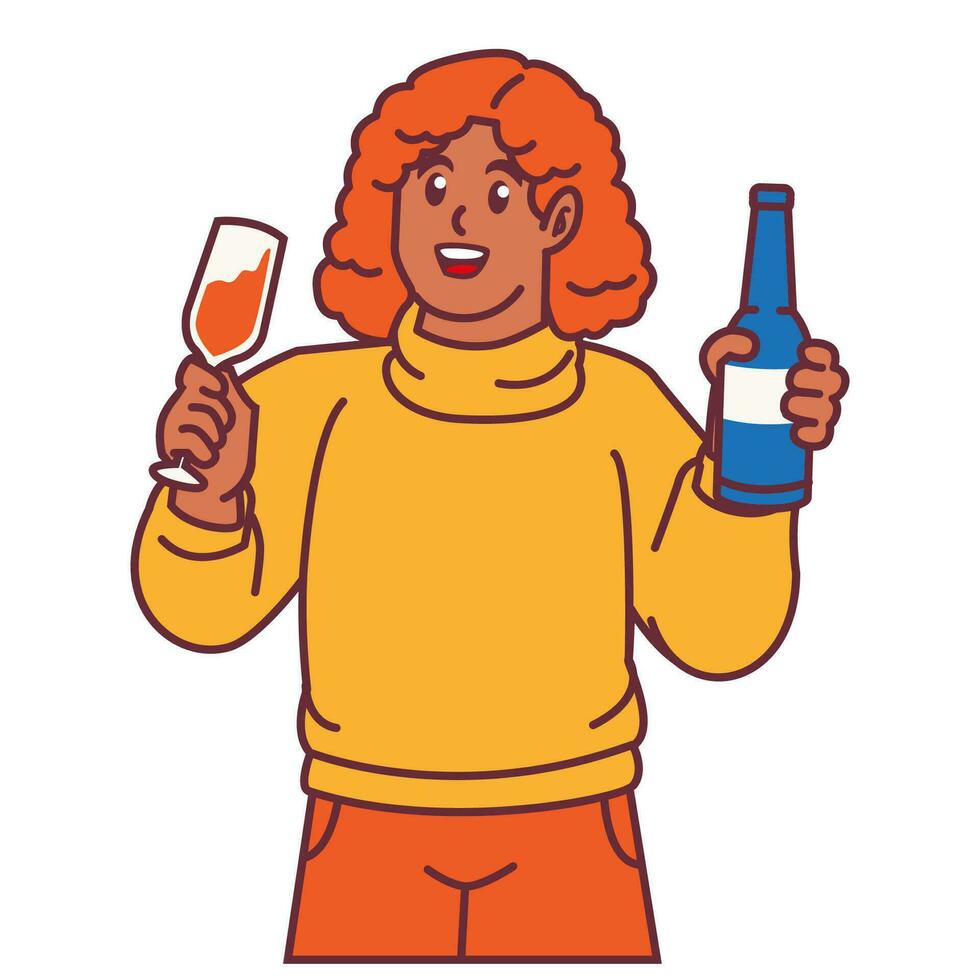 een vrouw vieren partij en Holding glas van Champagne met flessen vector