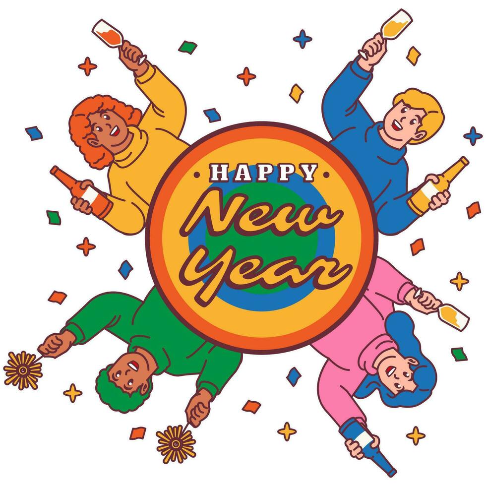 gelukkig nieuw jaar groep van mensen vieren met Champagne bril en vuurwerk vector