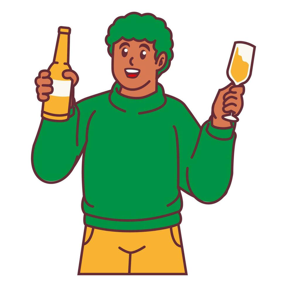 een Mens vieren partij en Holding glas van Champagne met flessen vector