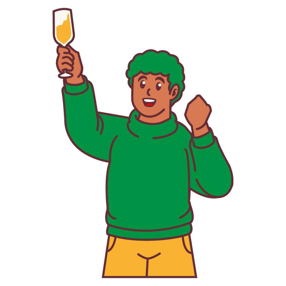 een Mens vieren partij en Holding glas van Champagne vector
