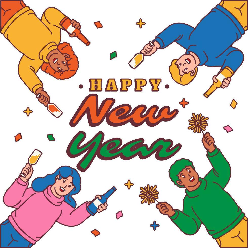 gelukkig nieuw jaar groep van mensen vieren met Champagne bril en vuurwerk vector
