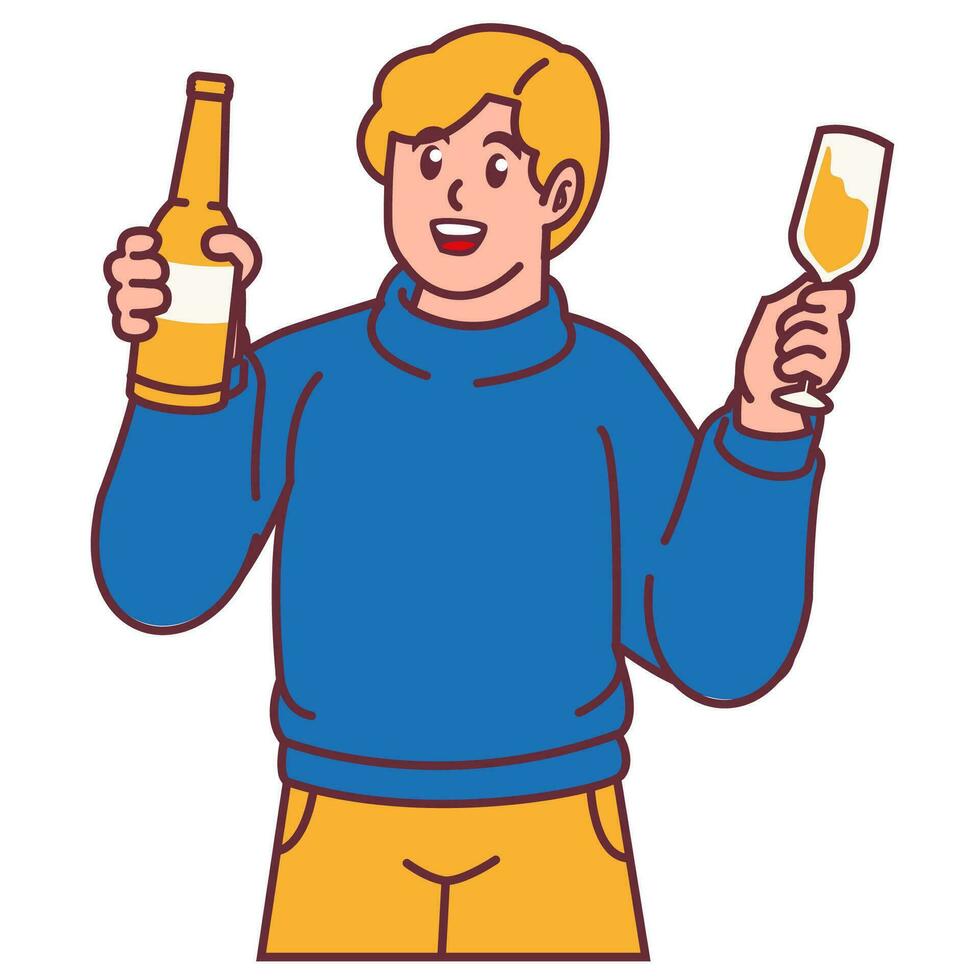 een Mens vieren partij en Holding glas van Champagne met flessen vector