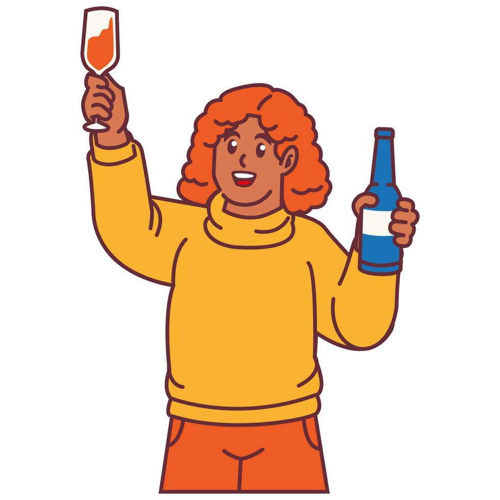 een vrouw vieren partij en Holding glas van Champagne met flessen vector