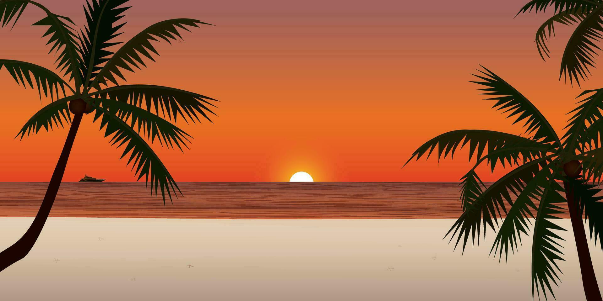 zonsondergang Bij wit zand strand met jacht Bij de horizon hebben aftekenen kokosnoot boom voorgrond vector illustratie. kust zonsondergang concept vlak ontwerp.