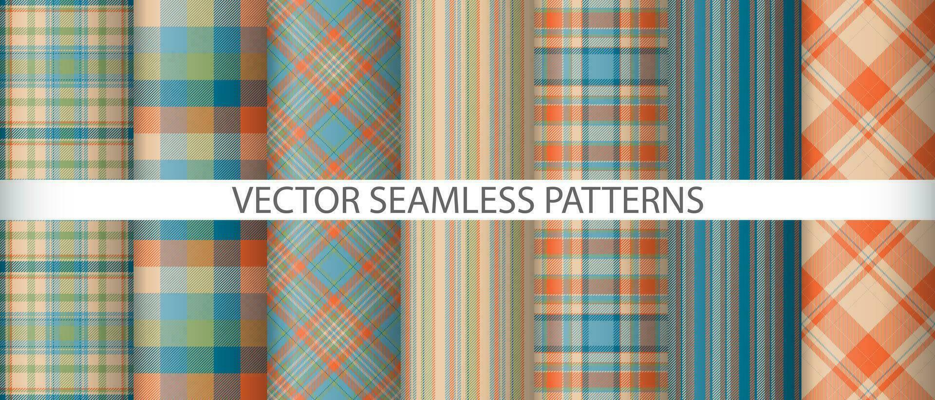 reeks textiel patroon controleren. achtergrond plaid kleding stof. structuur vector Schotse ruit naadloos.