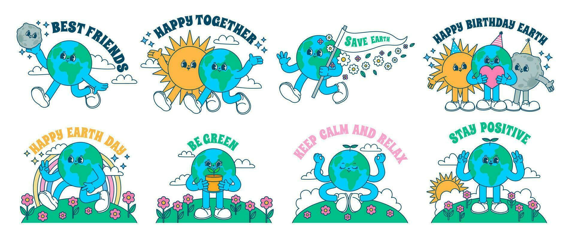 stickers retro aarde. tekenfilm sticker retro mascotte karakter wandelen aarde, opslaan planeet, hippie wijnoogst grappig zon, maan en bloemen, vector reeks