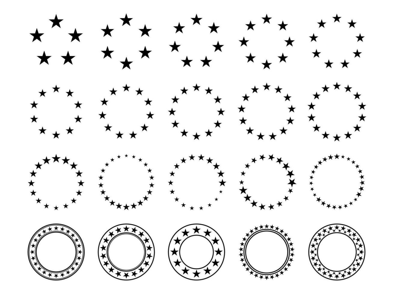 ster cirkel. ronde kaders met sterren voor insigne, embleem en zegel. circulaire beoordeling pictogrammen met favoriet vijf wees silhouet ster, prijs vector teken reeks
