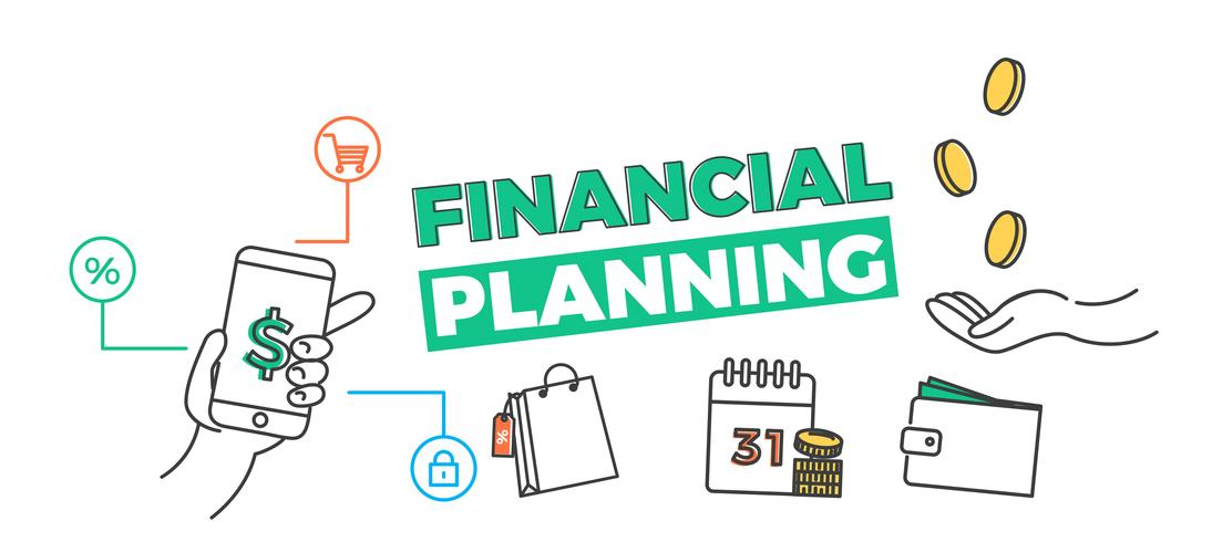 Financiële planning banner. App voor uw budget, bankieren, schulden. Vector lijn kunst illustratie