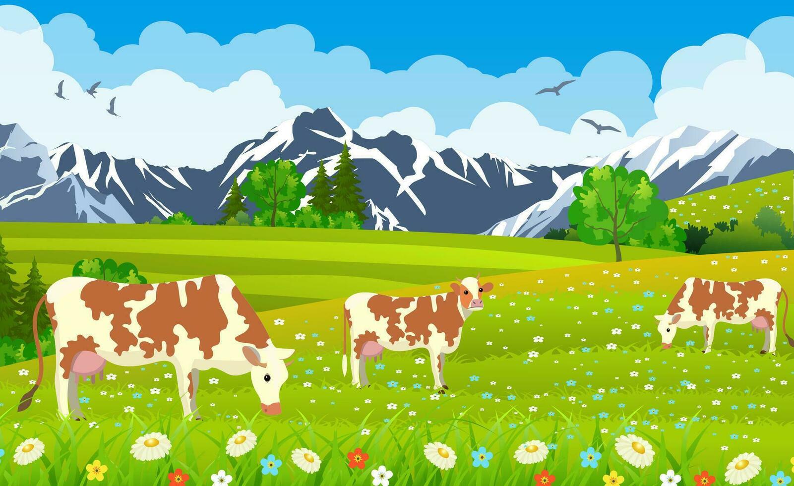 drie koeien in een landschap en boerderij. vector