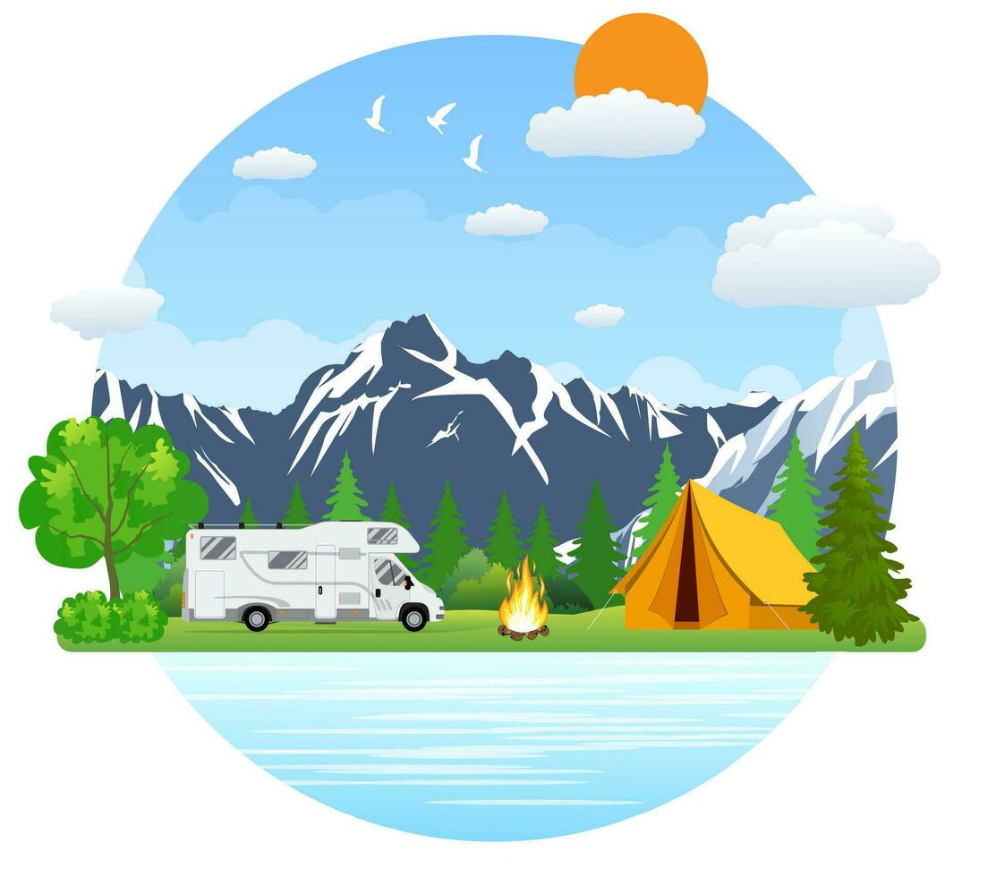 Woud camping landschap met rv reiziger bus in vlak ontwerp. vector