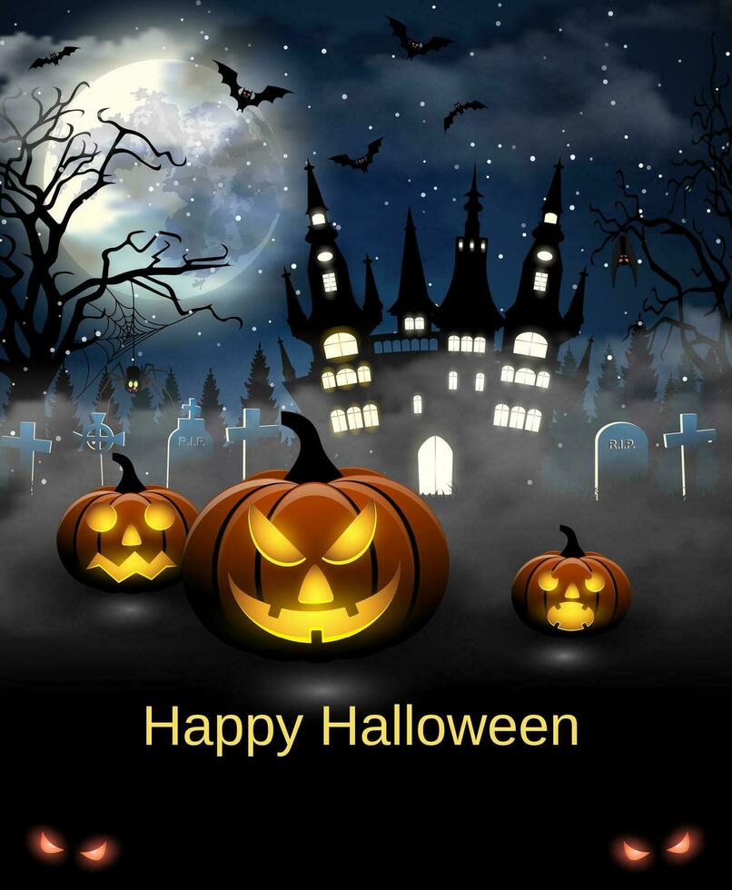 halloween illustratie met kasteel, graf en vleermuizen vector