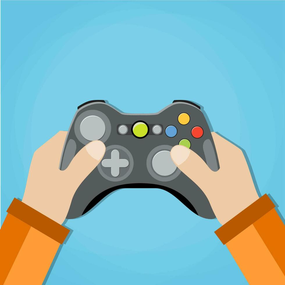 handen Holding bedrade oud school- gamepad. vector