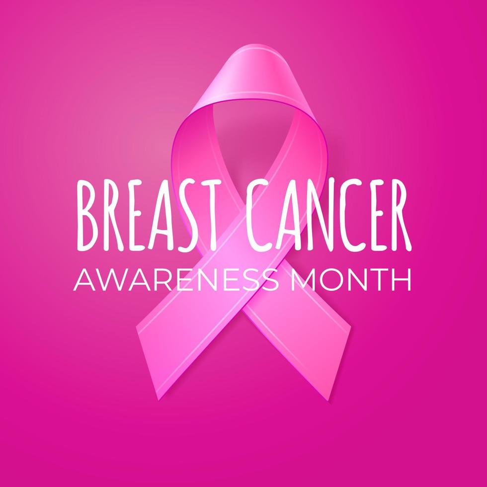 realistisch roze lint op roze achtergrond. sjabloon voor spandoek, poster, uitnodiging, flyer. borstkanker bewustzijn maand typografie. vectorillustratie. vector