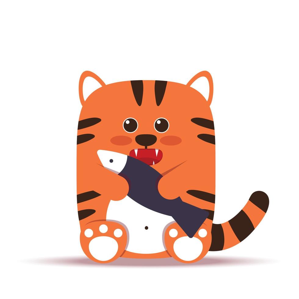 schattige kleine oranje tijgerkat in een vlakke stijl. het dier zit met een vis. het symbool van het Chinese Nieuwjaar 2022. voor banner, kinderkamer, decor. vector hand getekende illustratie.