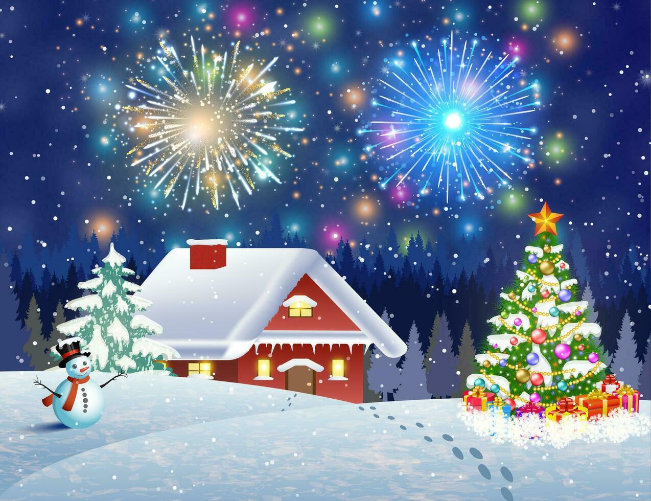 huis in besneeuwd Kerstmis landschap Bij nacht vector