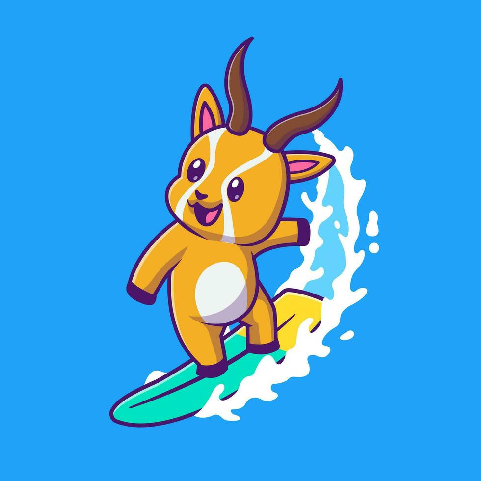 schattig gazelle surfing tekenfilm vector icoon illustratie. dier sport icoon concept geïsoleerd premie vector. vlak tekenfilm stijl