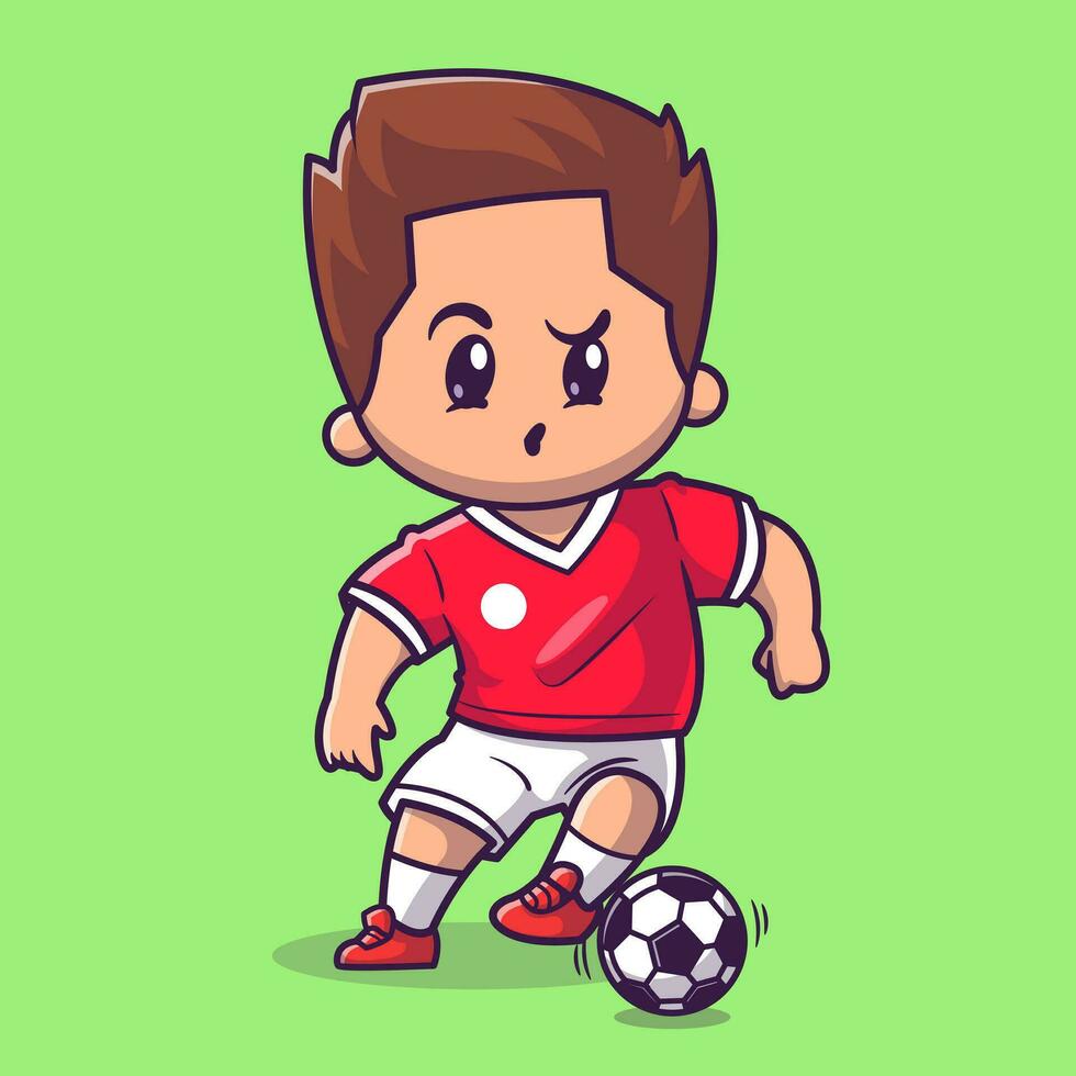 schattig jongen spelen voetbal tekenfilm vector icoon illustratie. mensen sport icoon concept geïsoleerd premie vector. vlak tekenfilm stijl