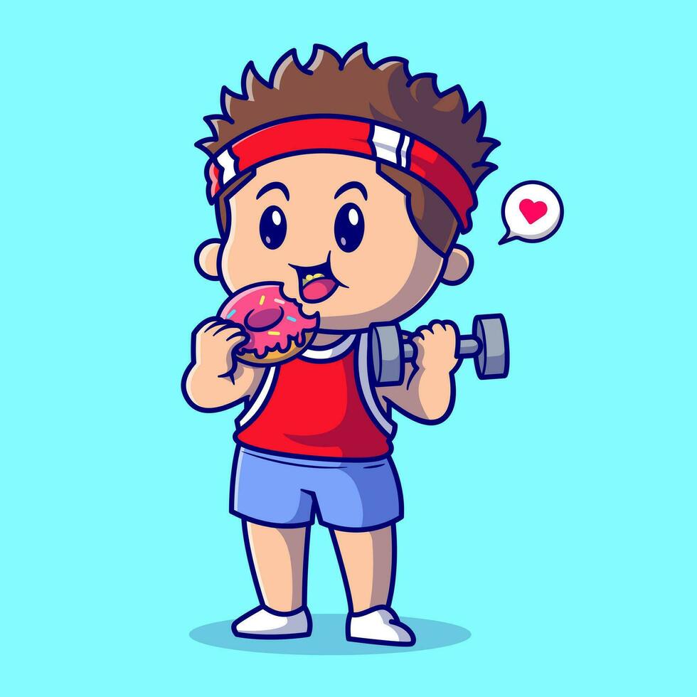 schattig jongen hijs- barbell en aan het eten donut tekenfilm vector icoon illustratie. mensen sport icoon concept geïsoleerd premie vector. vlak tekenfilm stijl