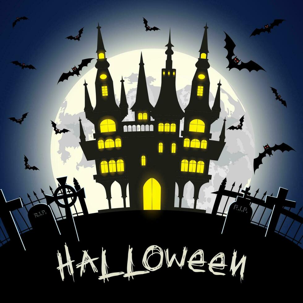 halloween illustratie met kasteel, graf en vleermuizen vector