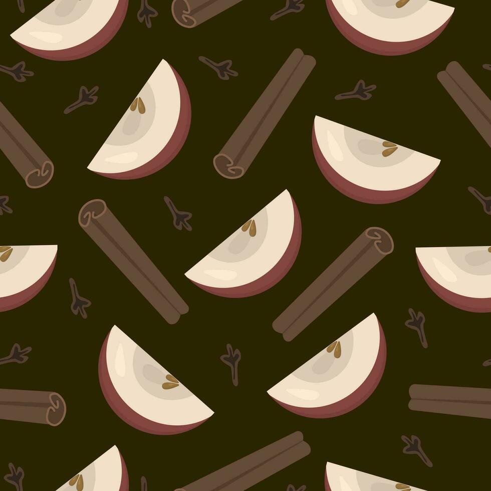 naadloos patroon met appels en specerijen. illustratie Aan een donker achtergrond met kaneel stokjes en kruidnagel vector