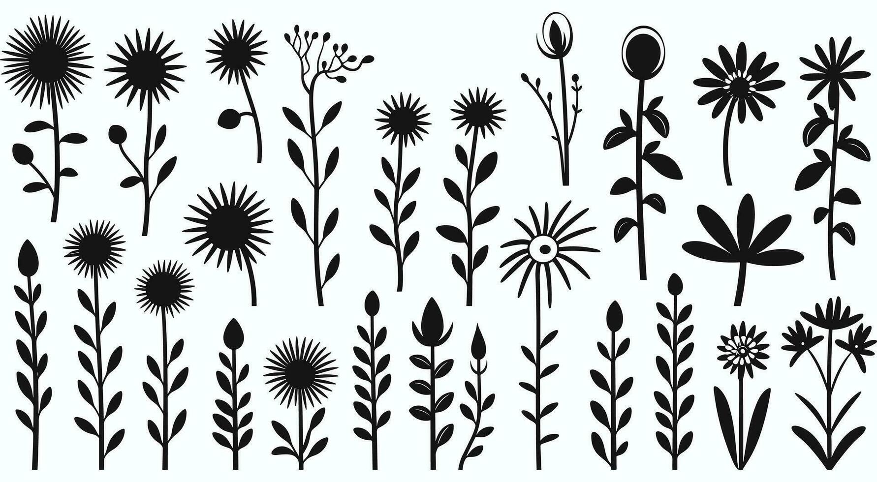 hand- getrokken zwart verf kamilles vector set. inkt tekening bloemen en bladeren in naief stijl, kinderachtig of primitief tekening. zwart en wit vector botanisch illustratie. abstract bloesem met stengels