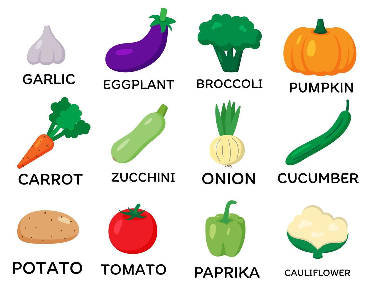 set van vector groenten. cartoon vlakke stijl. knoflook, aubergine, broccoli, pompoen, wortel, courgette, ui, komkommer, aardappel, tomaat, paprika, bloemkool. print voor recepten, marktplaats. veganistisch eten