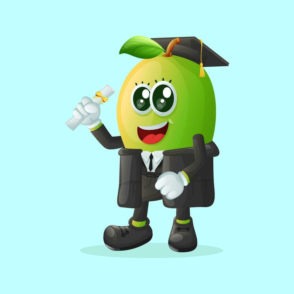 schattig manggo karakter vervelend een diploma uitreiking pet en Holding een diploma vector
