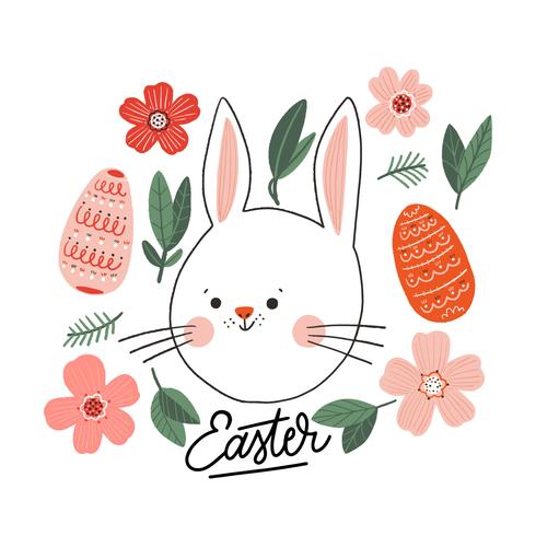 Kleurrijke Happy Easter Bunny met oranje eieren en bladeren rond vector