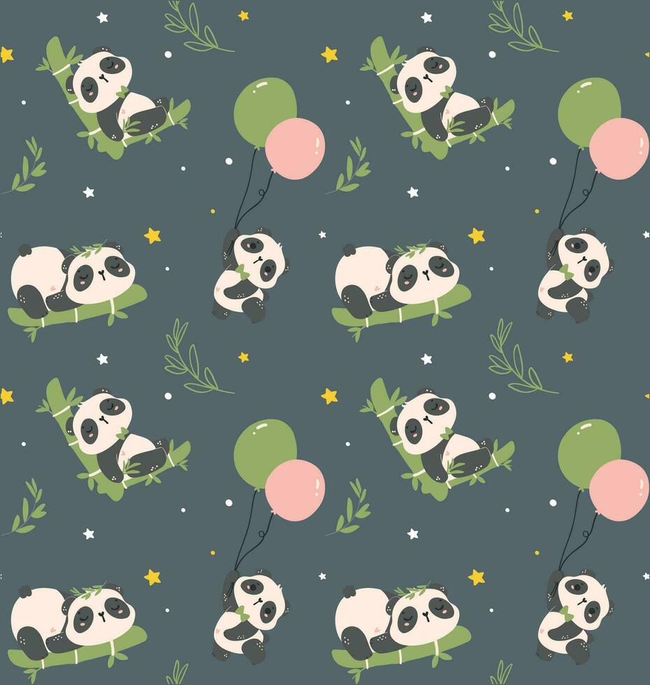 kinderkamer patroon naadloos baby panda slapen Aan bamboe, geïsoleerd Aan donker blauw achtergrond. vector