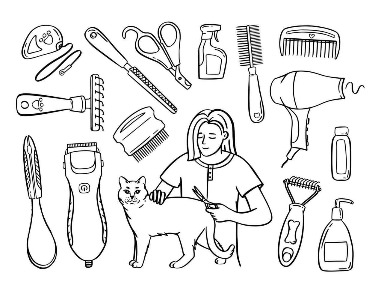 huisdier uiterlijke verzorging set. salon voor dieren. tekening stijl dier en karakter hand- getrokken. vector illustratie.