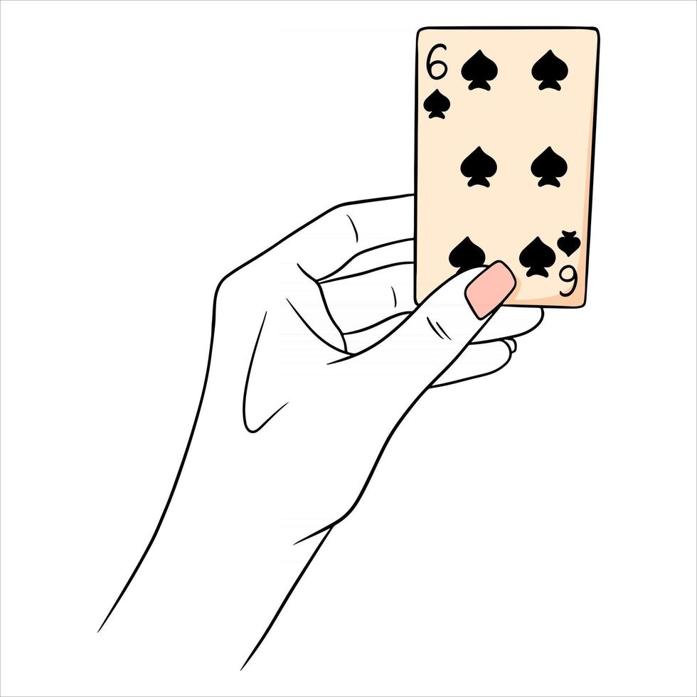 gokken. speelkaart in de hand. casino, geluk, fortuin. schoppen zes. vector