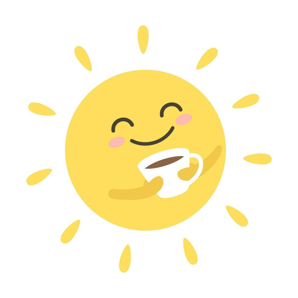 schattig glimlachen zon karakter met een kop van thee, koffie, ochtend- illustratie vector