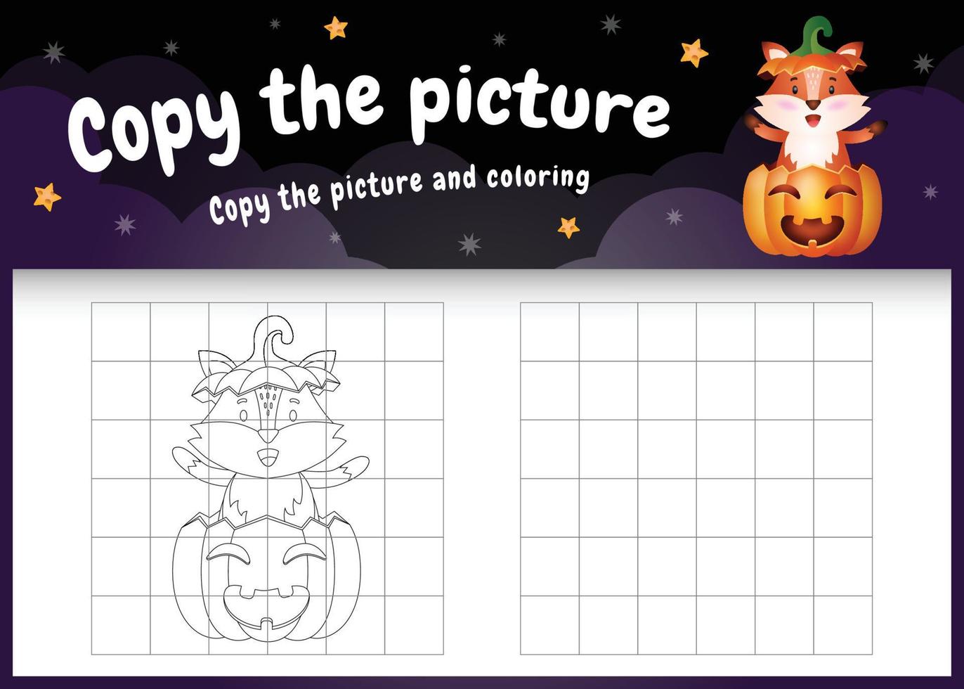 kopieer het kinderspel en de kleurpagina met een schattige vos met een halloweenkostuum vector