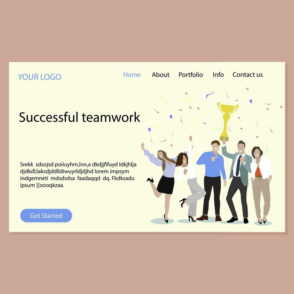 geslaagd samenspel landen bladzijde. vector gelukkig team met gouden beker, webpagina succes bedrijf vieren winnen. illustratie geslaagd prestatie en gelukkig leiderschap